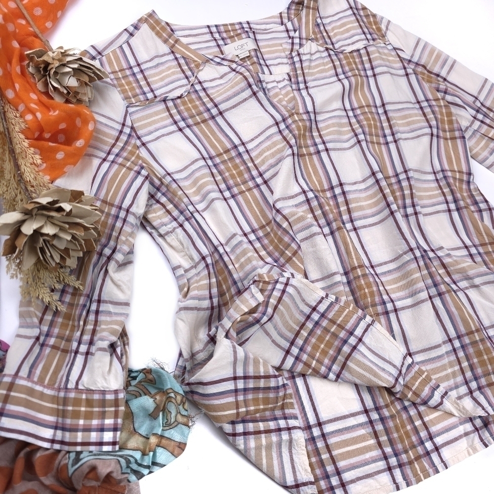 Loft Plaid Women's Top Sz M - Picture 2 of 9